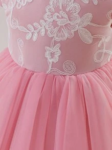 Glamorique Kids 粉色网眼刺绣蓬松公主裙，适合女婴、花童婚礼派对生日服装 - 粉色 - 查看 6