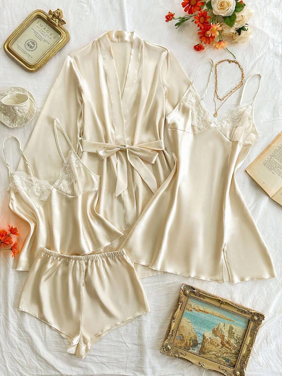 SilkySpell 4pcs Set: Embroidery Lace V-Neck Faux Silk Camisole Nightgown + Camisole Top + Shorts + Bathrobe Silk Pajama Set Women Satin Sleepwear Set Silk Sleepwear Women Silk Robe Set Lace Trim Satin Pajama Set, Fall Clothes