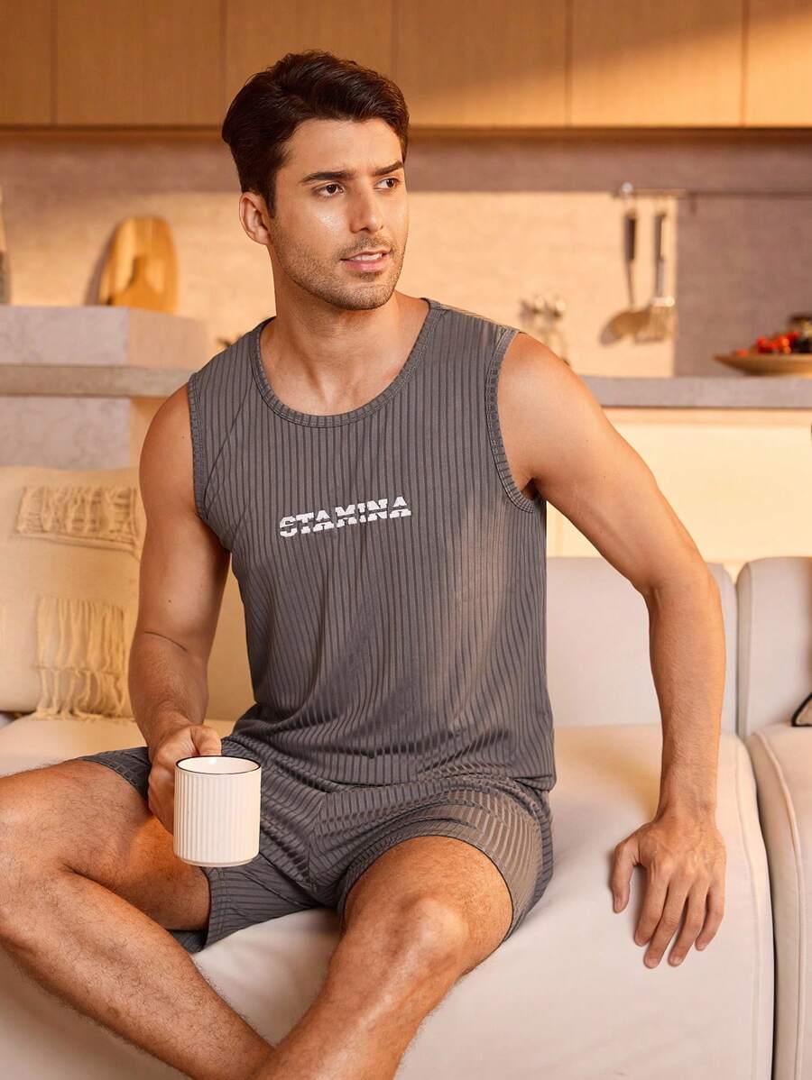 Men Letter Print Spring And Summer Vest And Shorts Homewear Set - Dark Grey - View 1