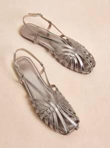 Rosivie Women's Square Toe Flat Sandals,Gold PU Fabric, Fashionable Simple Comfortable For Daily Beach Use With Buckle Strap For Christmas