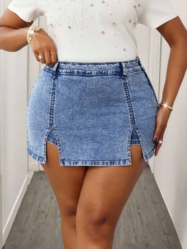 Slaydiva New Plus Size Denim Culottes Short High Waist Tight Slit Denim Culottes Light Blue Autumn Outfits Outfits Casual Office Outfits Music Festival Outfits Y2K Outfits Back To School Outfits Back To School Clothes Streetwear