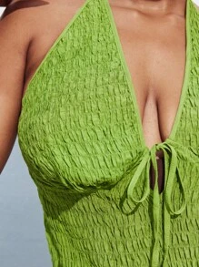 Maija Plus Size Women's Solid Color Front Tie Ruched Deep V Sexy Halter Top,Fall Autumn Back To School Homecoming Modest Vintage Women Old Money Teacher Romantic, Fashion, Versatile; Comfortable, Stylish, Elegant, Casual, Simple Daily Wear, Essential, Solid Color, Holiday Casual, Decent, Single Lady, Elegant Fashion Business Casual Woman Going Out Tops Graduation Teacher