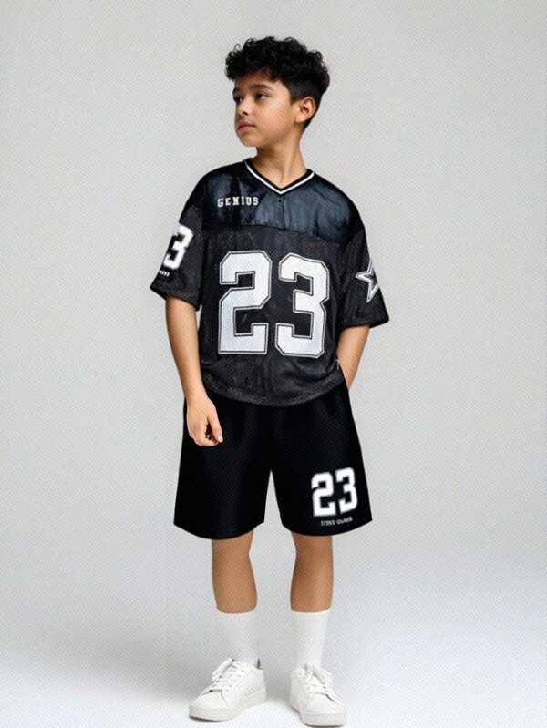 SHEIN 2pcs Kids Tween Boy Casual School Print Pattern Crew Neck Loose Fit Short Sleeve T-Shirts