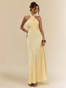 SHEIN BAE 性感简约纯黄色缎面抹胸露背连衣裙，适合派对、鸡尾酒会、正式场合、伴娘礼服、生日派对