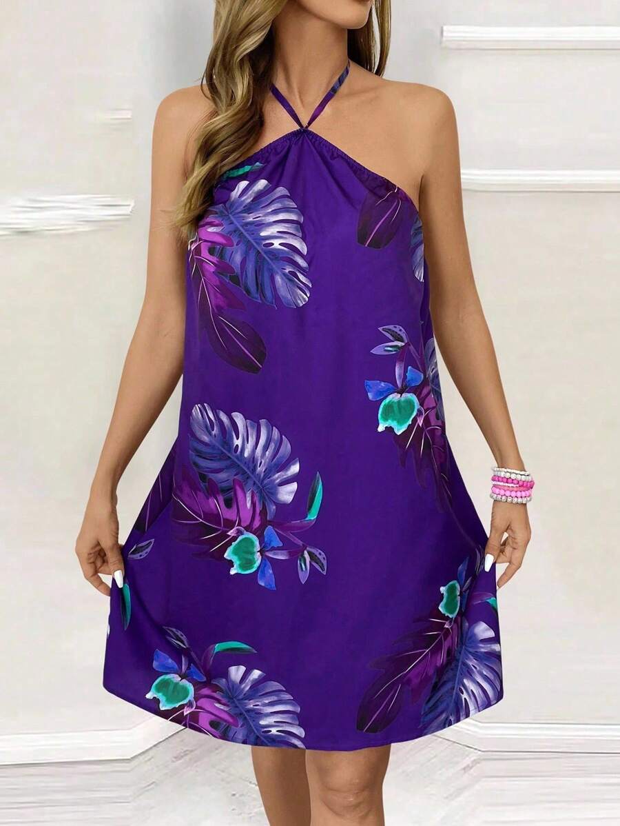 SHEIN LUNE 女士热带植物印花宽松度假吊带连衣裙