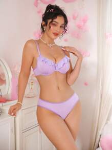 PetitDoll 2pcs Sweet & Minimalist Ruffle Trim Bra & Panty Set (With Underwire, Triangle Panty) - Mauve Purple - View 5