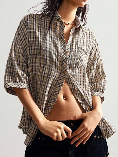 Bohemela 大码夏季休闲格子落肩宽松衬衫