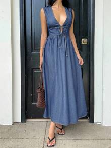 Siren Gaze 女士休闲无袖长款牛仔连衣裙，度假装 - 中等水洗藍 - 查看 5