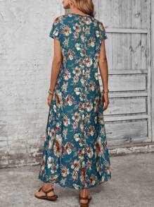 EMERY ROSE 大码女式花卉印花圆领蝙蝠袖休闲度假连衣裙 - 藍色 - 查看 2