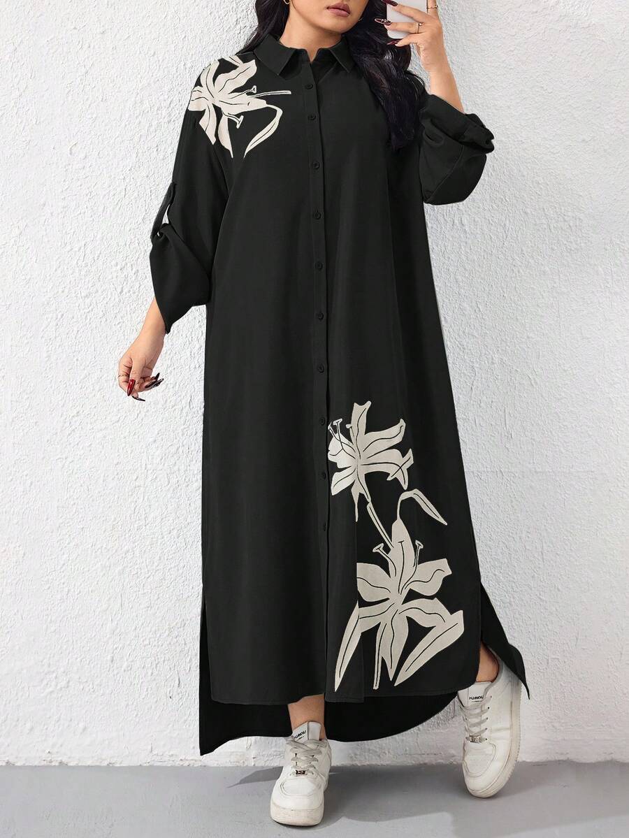 Modelyn Váy cài nút họa tiết hoa cỡ lớn, phong cách thường ngày ngày lễ - màu đen - Xem 1