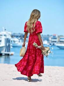 Sylviya 高开叉公主袖红色花卉印花束腰 A 字连衣裙，适合春夏季女士正式派对礼服女士度假礼服女士长裙德比裙红色连衣裙优雅，女士夏季连衣裙 - 紅色 - 查看 2