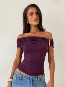 Aloruh Solid Color Pleated Fitted Off Shoulder Elegant Fashion T-Shirt