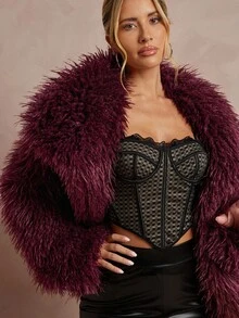 Lumalex 女士时尚街头风格仿皮草纯色夹克，秋冬 - 酒紅色 - 查看 8