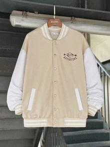 SHEIN Teens Youth Casual Baseball Varsity Jacket,Embroidery Contrast Collar,Versatile For Back-To-School,Autumn,Graduation,Spring Summer Fall Winter Sports - Apricot - View 3