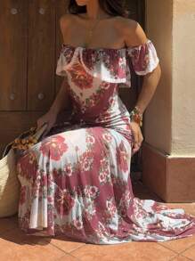 Sunnyshic Elegant Floral Print Off Shoulder Dress For Vacation - Multicolor - View 4