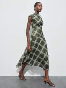 Maija Plaid Print Round Neck Raglan Short Sleeve Women's Fitted Asymmetric Design Casual Dress, Urban Chic Versatile Outerwear For Autumn Beach Dress For Women - Brown - View 5