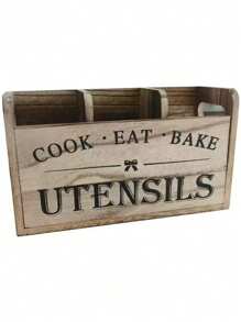 SHEIN Rustic Wooden Kitchen Utensil Holder | 1pc | Wood Material | 3-Compartment Storage Box, Countertop & Wall-Mounted Organizer | Kitchen Accessories For Cook, Eat, Bake Tools |
