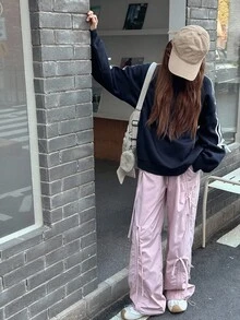 少女宽松休闲抓绒卫衣，运动撞色抽绳卫衣，秋冬季 - 藏蓝色 - 查看 5