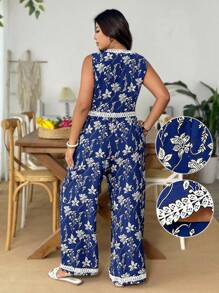 Weeklong Plus Size V-Neck Sleeveless Scalloped Trim Front Opening Jumpsuit And Straight Leg Scalloped Trim Casual Vacation 2 Pieces Set
