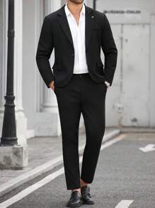 Manfinity Mode 男士大码简约纯色西装：长袖夹克和裤子，适合夏季时尚男装，男士正装，男士西装，男士正装，男士正装