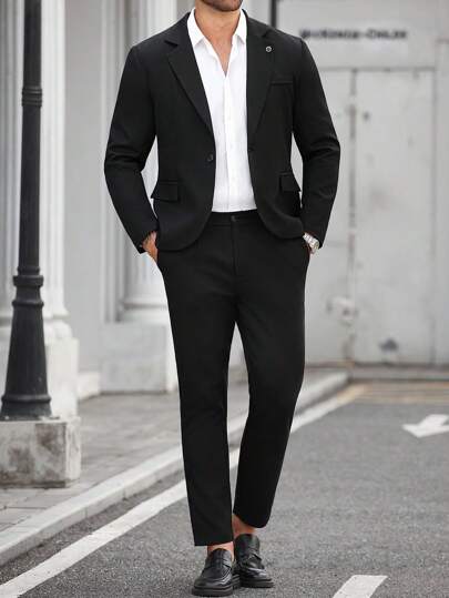 Manfinity Mode 男士加大码简约纯色西装：长袖西装外套和长裤，夏季时尚男装，男士正装，男士西装，男士正装，男士正式礼服，男士黑色正装套装，修身男士婚礼西装，黑色舞会西装，男士礼服