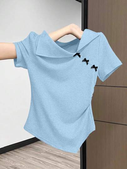 Chiquease Women's Casual Asymmetrical Bow Decor T-Shirt, Summer