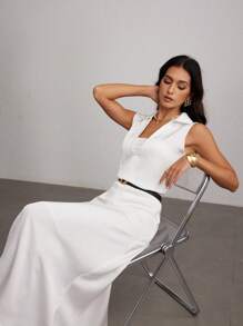 Modelyn 2pcs/Set Relaxed Casual Solid Color Sleeveless Top And Skirt Set - White - View 2
