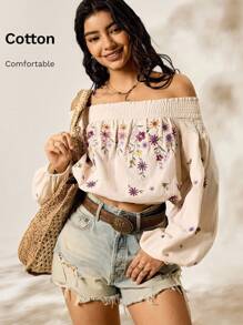 Easelle Áo sơ mi Bohemian phương Tây rộng rãi thêu tay đèn lồng phía trước - Màu be - Xem 2