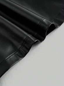 SHEIN MOD Christmas Plus Size Women's Long Sleeve PU Colorblock Mini Ruffle Fashion Short Dress, Black And White Dress Women, Faux Leather Dress, Collared Dress,2 In 1, Long Sleeve