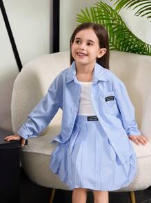 Young Girl Casual Striped Letter Patch Shirt And Pleated Skirt Set - Blue and White - View 5
