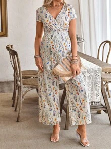 SHEIN 花卉印花 V 领孕妇连体裤，宽松休闲短袖连体衣 - 彩色 - 查看 4