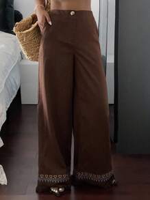 DAZY Contrast Color Drawstring Fringe Trim Casual Vacation Wide Leg Pants, Women Autumn Long Trousers - Brown - View 5