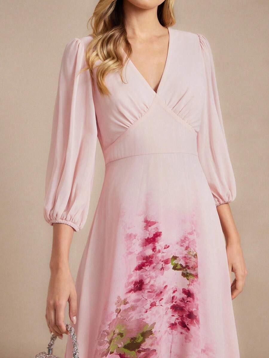 Amorya Women's Elegant V-Neck Waist Gathering High-End Slimming Chiffon Placement Print Long Dress, Suitable For Daily Outings, Vacation & Multi-Occasions, Autumn