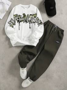 PAVTROS 2pcs/Set Tween Boys Fashion White Hoodie + Olive Green Pants, Green Print Design, Soft Fabric, Comfortable Casual Wear, Suitable For Spring Autumn, School & Outing Fall Winter