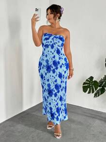 Firerie Váy maxi xếp ly lãng mạn thanh lịch cỡ lớn dành cho nữ, họa tiết hoa ombre, dáng chữ A, váy cưới bãi biển dáng chữ A bồng bềnh, váy mùa hè phong cách boho - Màu xanh lam - Xem 7