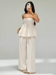 SHEIN PETITE 2件套女士纯色荷叶边下摆吊带背心上衣和裤子套装 - 米色 - 查看 3