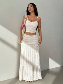 SHEIN PETITE 女士纯色荷叶边吊带上衣和迷你裙休闲度假两件套女装夏季波西米亚风两件套裙套装白色女式迷你裙 - 杏色 - 查看 5