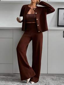EURMUSE Women Button Front Cardigan And Sweater Pant 2pcs Set Co-Ords Two Pieces Set,Petite,Winter Clothes - Brown - View 1