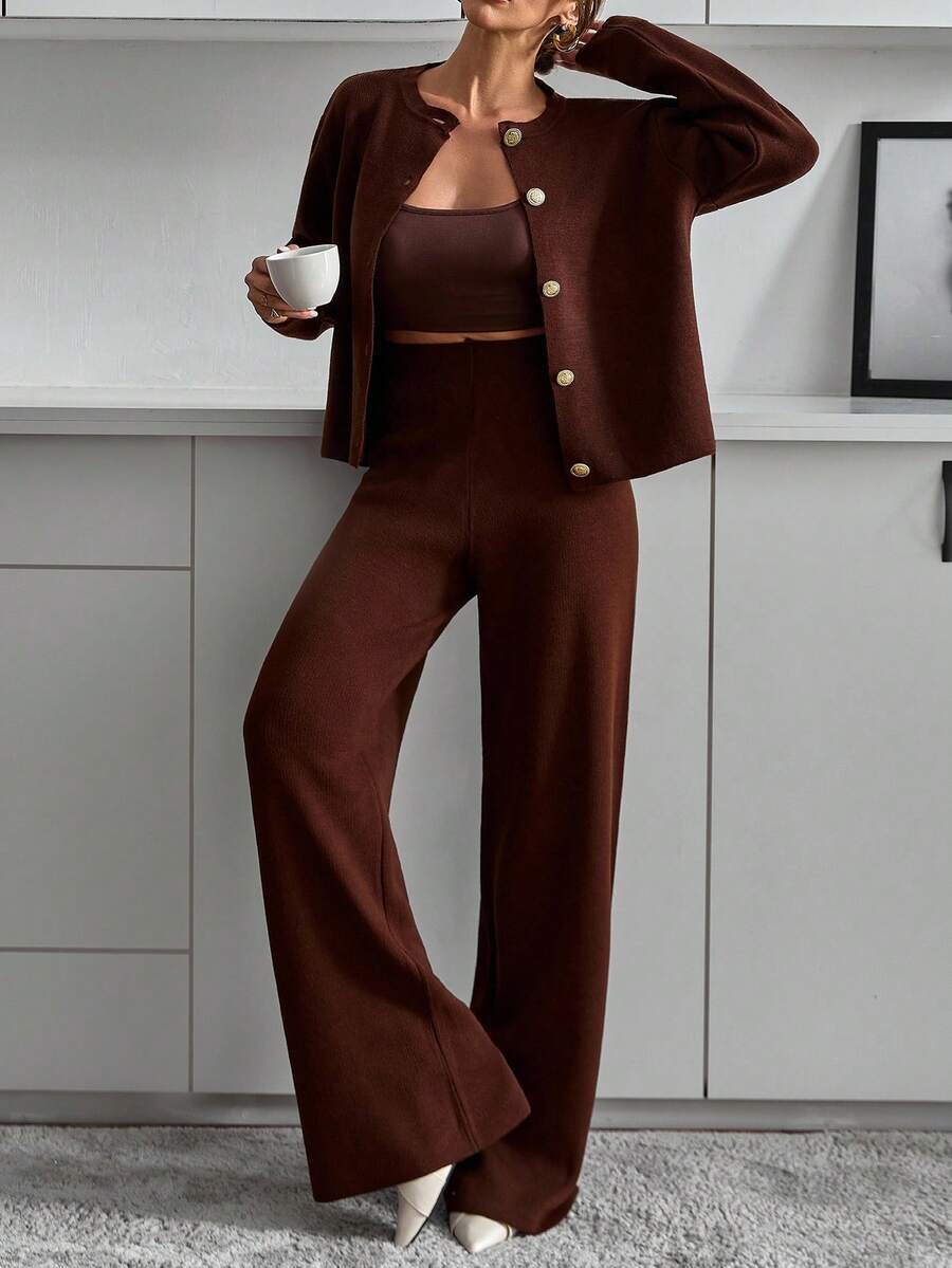 EURMUSE Women Button Front Cardigan And Sweater Pant 2pcs Set Co-Ords Two Pieces Set,Petite,Winter Clothes - Brown - View 1