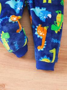 SHEIN Playful Pals Young Boy Cute Loose Comfy Cartoon Dinosaur Print Fleece Jumpsuit, Suitable For Autumn And Winter Fall - Blue - View 8
