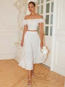 Chiquease Off Shoulder Ruffle Trim, Transparent Strap, Drawstring, Waist, Vacation, Elegant, Romantic, Short Women Top, Spring/Summer All White - White - View 1