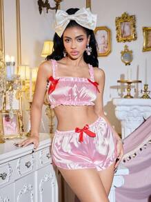 Charming Princess Style Satin Contrast Color Women Pajama Set Coquette Babydoll