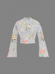 SHEIN MOD Plus Size Women's Bell Sleeve Contrast Wavy Hem Romantic Graphic Print T-Shirt, Suitable For Summer, Early Fall, Date, Back To School Season ,Crop Top Floral Outfits For Women Women 2 Piece Summer Sets White Shorts Set For Women Flower Tops For Women Floral Top,Suitable For Back To School, Date, Birthday, Early Autumn