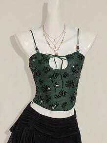 SHEIN ICON Sequin Embroidered Bead Decorated Women's Shiny Sequin Patchwork Camisole - Green - View 4