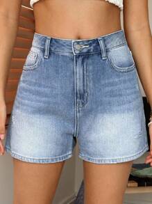 Livesso Pantalones cortos vaqueros azules de tiro alto y desgastados para mujer, nueva llegada, corte evasé, favorecedores para estatura baja, pantalones cortos de verano versátiles y de moda