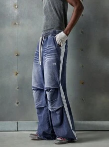 NEON BLANC Men's Casual Washed-Out Contrasting Stripe Wide-Leg Jeans, Emo Style - Blue - View 1