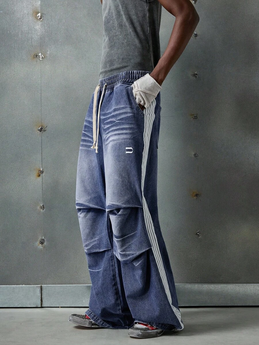 NEON BLANC Men's Casual Washed-Out Contrasting Stripe Wide-Leg Jeans, Emo Style - Blue - View 1