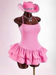 Amplova Women Plus Size Solid Color Double Ruffle Hem Fashionable Halter Neck Dress - Pink - View 6