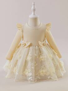 Glamorique Kids Vestido de manga larga para bebé/niña pequeña con bordado y diseño de manga de encaje, adecuado para varias ocasiones, que muestra un estilo elegante y lujoso - Albaricoque - Ver 1