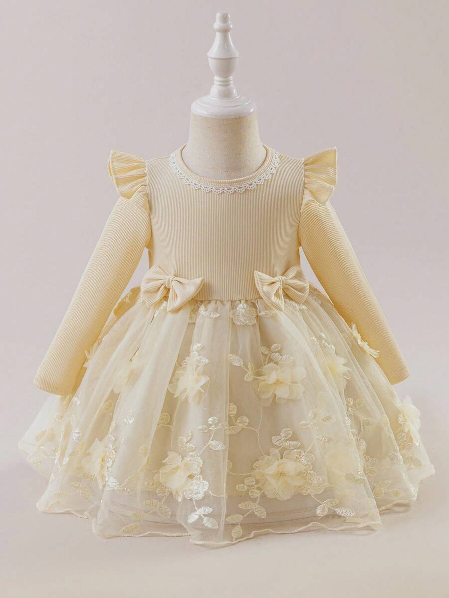 Glamorique Kids Vestido de manga larga para bebé/niña pequeña con bordado y diseño de manga de encaje, adecuado para varias ocasiones, que muestra un estilo elegante y lujoso - Albaricoque - Ver 1